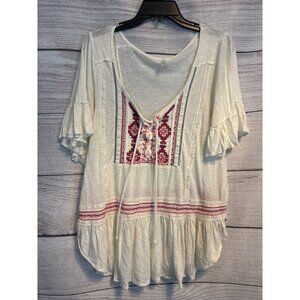 Free People Boho Peasant Top With Embroidered Front & Ruffle Sleeves Ivory Size